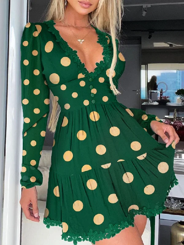 Zjkrl Polka Dot Print Lace Trim Ruched Dress Women Sexy Plunge Long Sleeve Flared Mini Dress Tunics Gym athletic