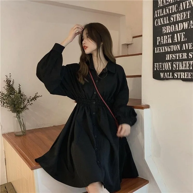 Shirt Dress Women Korean Style Polo Collar Black Long Sleeve Wrap Mini Dress Casual Solid Kpop Clothes Woman Tunics Leisure comfortable