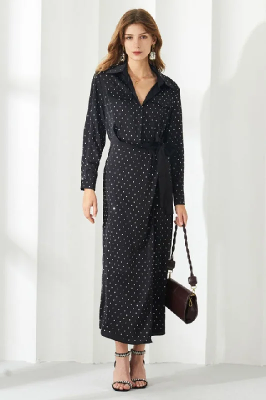 Rhinestone Dotted Collared Belted Midi Dress Tunics Chinos classic