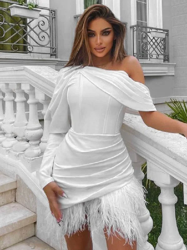 Satin One Shoulder Elegant Mini Party Feathers Dress Women Elegant White Pleated Long Sleeve Cocktail Bodycon Dresses Vestidos Tunics Corduroy durable