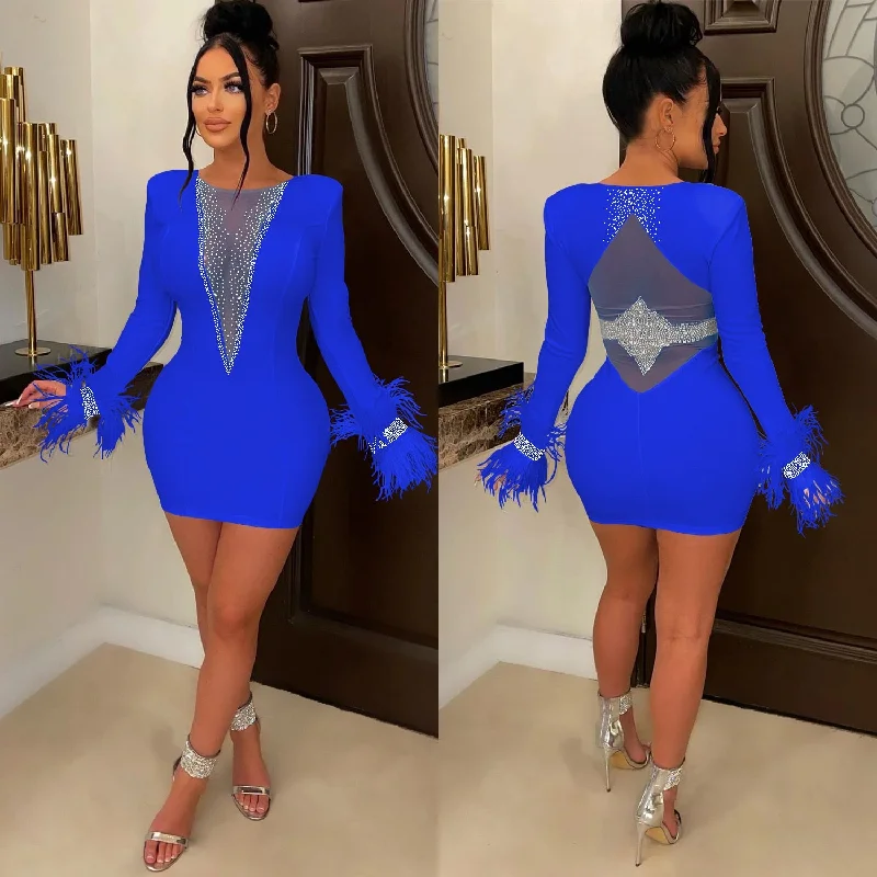 Sexy Women Mini Dress Feathers Sheer Mesh Diamond Streetwear Party Night Slim Fitness Dresses For Women Vestidos Tunics Business professional