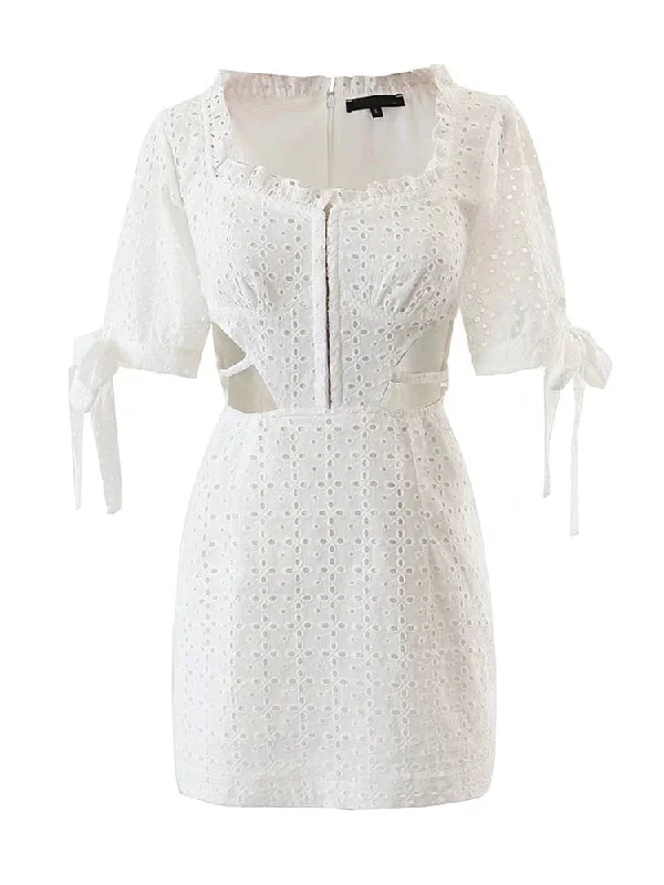 Sexy Women White Lace Embroidery Hollow Out Dress Short Sleeve Fashion Ladies Bodycon Mini Robe Tunics Trousers formal