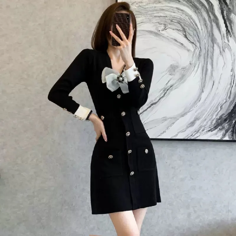 Small Fragrance Style Knitted Dress Women Autumn 2022 New Slim Little Black Dress Female Fashion Bodycon Sweet Mini Dress Trend Pencil Office Professional