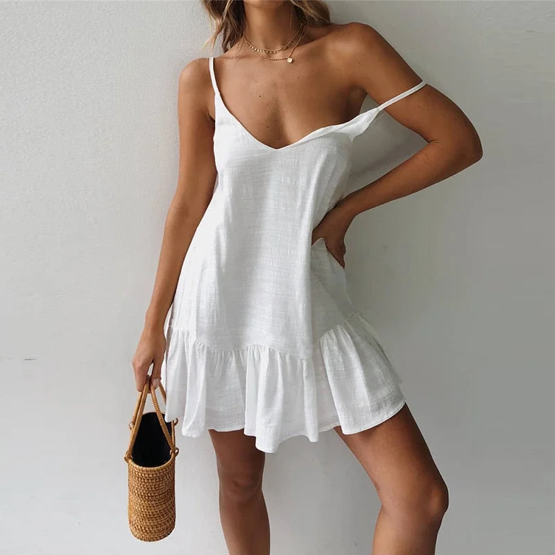 Summer Sexy Spaghetti Strap Backless Short Dress Women New V-neck Solid Casual Loose Ruffles Beach Holiday Cotton Mini Vestidos Tunics Polka dots