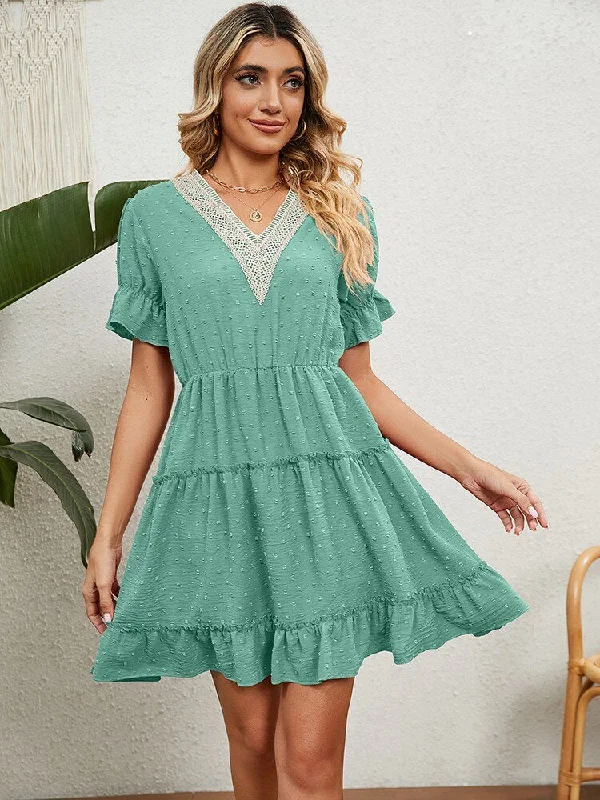 Summer Short Sleeve Dresses For Women Fashion Lace Stitching V Neck Elegant Plus Size Beach Casual Ruffles Mini Dress Vestidos Casual Short Summer