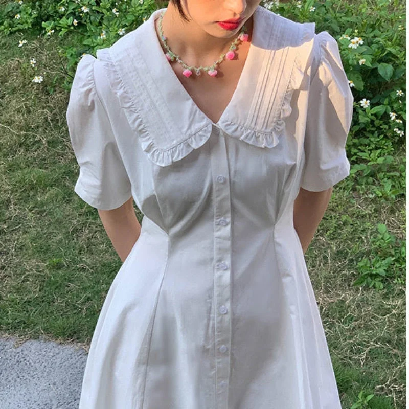 Summer White Slim Kawaii Mini Dresses Women Korean High Waist Elegant Sweet Dress Female Short Sleeve Casual Outing Party Dress Tunics Practical durable