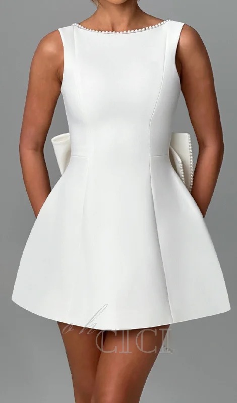 BOWKNOT PEARL BACKLESS MINI DRESS IN WHITE Tunics Prom sequined