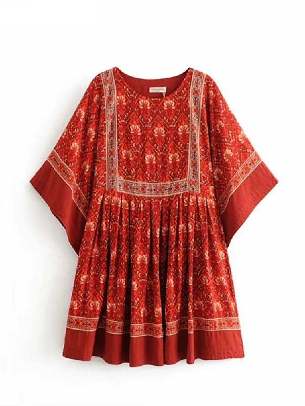 Zjkrl Vintage Chic Fashion Women Red Floral Print O-neck Loose Bohemian Mini Dresses Ladies Batwing Sleeve Cotton Beach Boho Dress Tunics Designer luxury