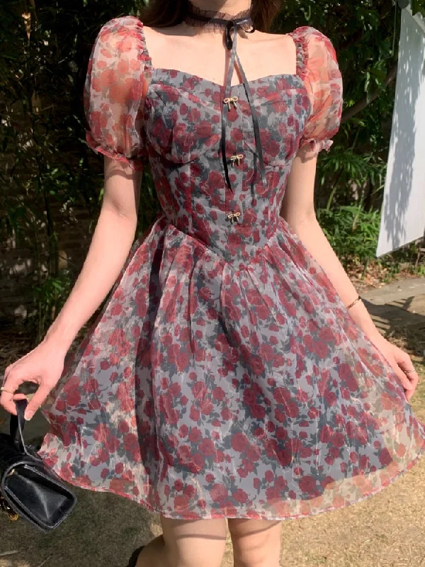 Vintage Flower Sexy Dress Women Summer Elegant Party Mini Dresses Female Designer Chic Holiday Korean Fashion Dress 2023 Casual Tunics Chic elegant