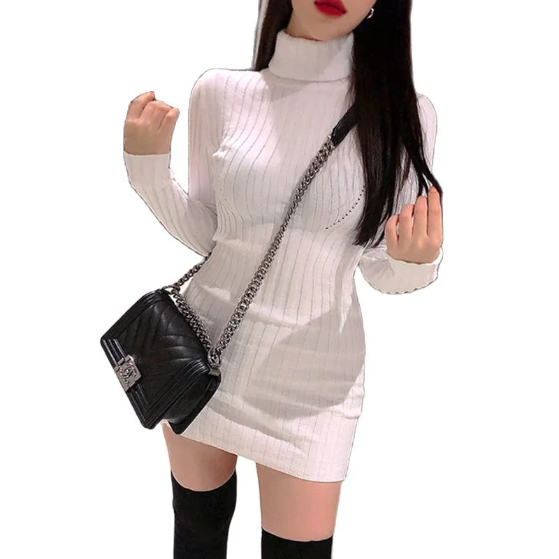 White Sexy Figure Turtleneck Tight Knitted Mini Korean Fashion Kawaii Casual Women'S Elegant Dresses Autumn For Women 2022 Tunics Formal black