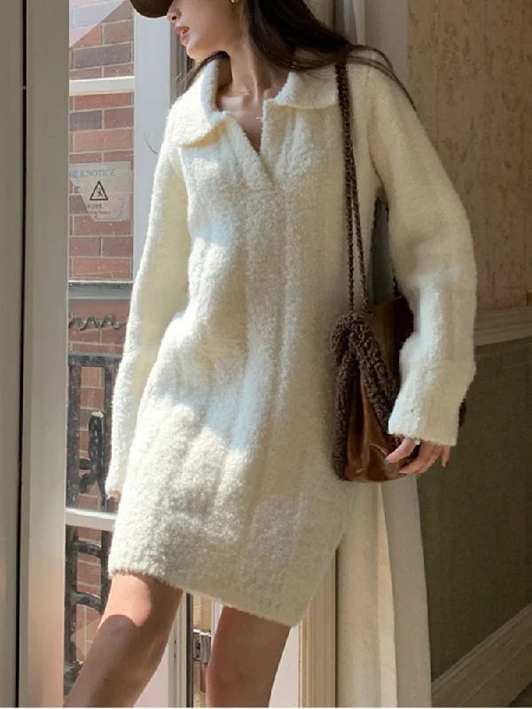 White Warm Knitted Mini Dress Women Long Sleeve Elegant Vintage Dress Female Casual Korean Fashion Loose Y2K Sweater Dress 2023 Tunics Chic fashionable