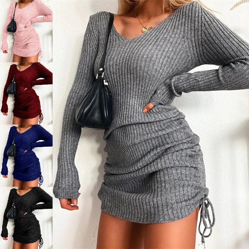 Winter Party Dresses For Women Women's Dress Knitted Drawstring Sexy Mini Dress Autumn Winter Elegant Fashion V-Neck Long Sleeve Bodycon Party Dresses Female Tunics Fashionable chic