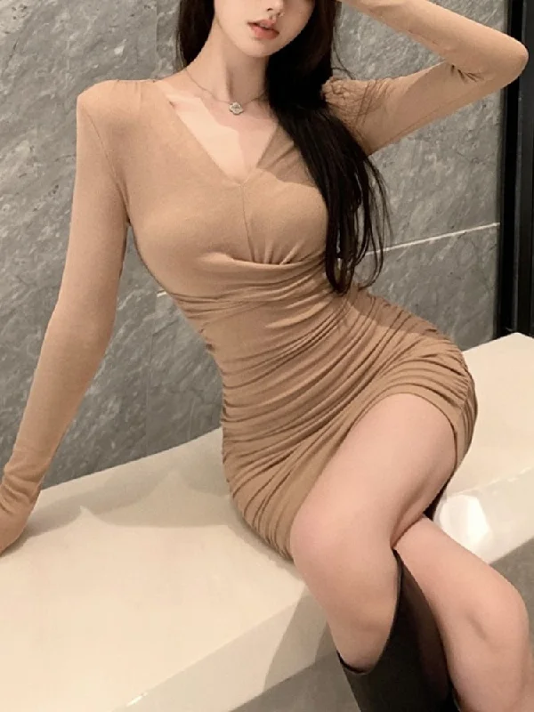 Zjkrl Winter Solid Sexy Dress Women Elegant Korean Fashion Bodycon Mini Dress Female Long Sleeve V-neck Chic Slim Party Dress New Elegant Long Evening