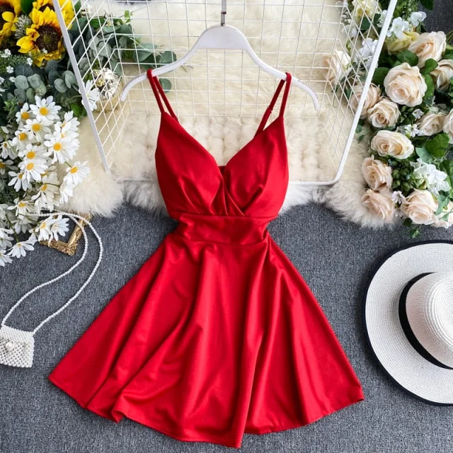 Women A-line Sexy Dress V-Neck Spaghetti Strap Backless Mini Dresses Soild Color Vestidos Slim Trend High Waist For Party Tunics Mesh breathable