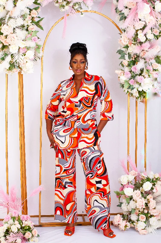 2 Pcs African Print Crepe Kaftan Blouse and Trouser Set Trousers Ceremony Elegant