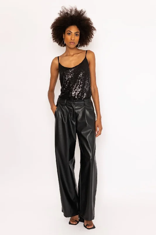 Black PU Faux Leather Wide Leg Trousers Trousers versatile all-occasion