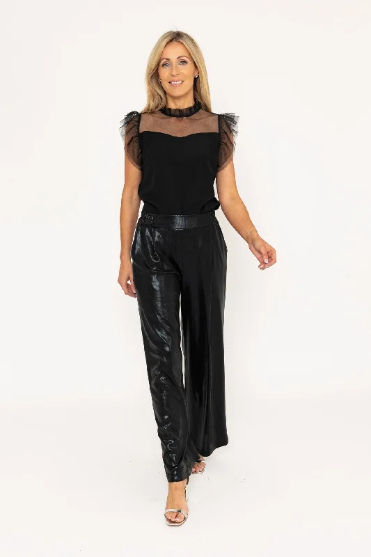 Black Wide Leg Wet Look Trousers Trousers sophisticated sleek