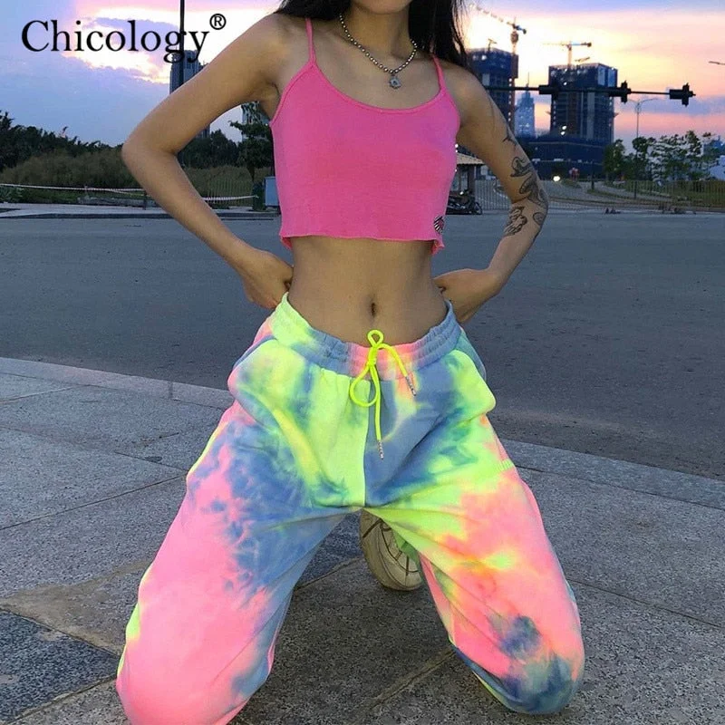 Chicology neon tie dye joggers high waist long baggy pants women sweatpants loose trousers 2019 autumn winter streetwear clothes Trousers Pleated Formal