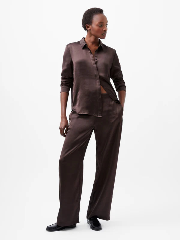 French Connection Irina Satin Trousers-Chocolate Ganache-74XBI Trousers Denim Blue