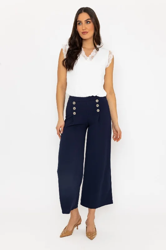 Navy Wide Leg Scuba Trousers Trousers High Rise Slim Fit