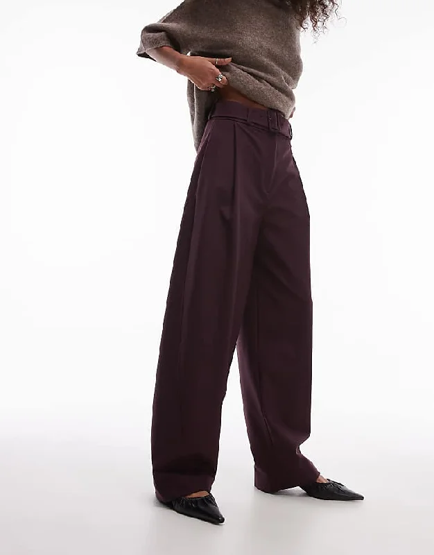 Wool blend tailored trousers with barrel leg in burgundy Wide Leg Loose Fit Mid Waist