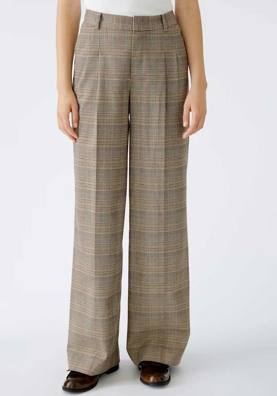 Oui Checked Straight Leg Trousers, Brown Trousers Canvas Durable