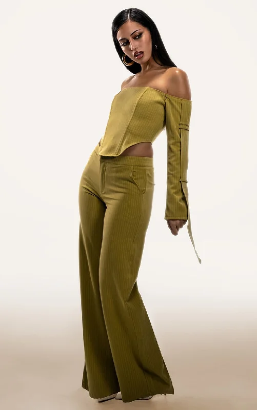 Chartreuse Pinstripe Wide Leg Trousers Trousers cozy soft