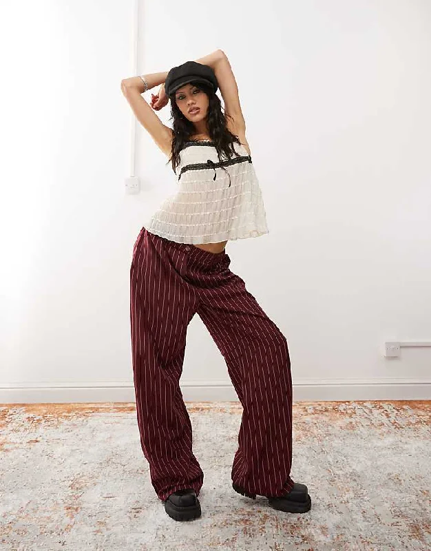 Reclaimed Vintage wide leg trouser in burgundy pinstripe Trousers Striped Patterned