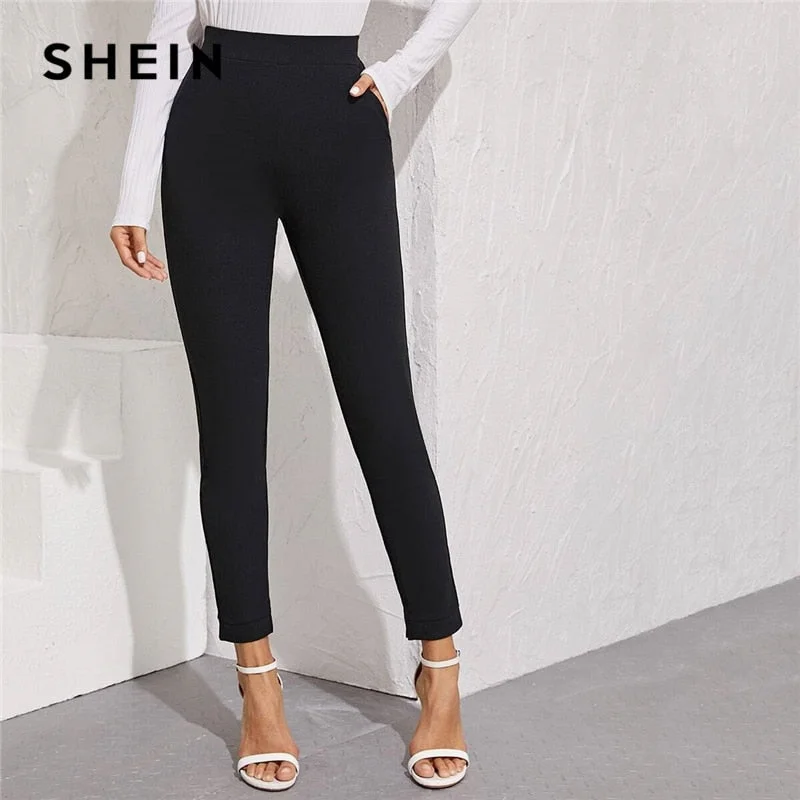 SHEIN Solid Elastic Waist Pocket Side Split Hem Elegant Pants Women Bottoms Autumn High Waist Office Ladies Skinny Trousers Trousers Timeless Classic