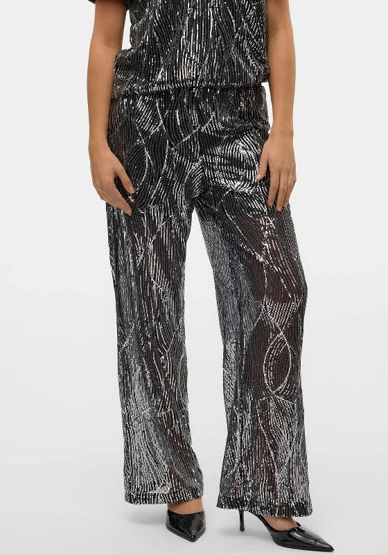 Vero Moda Ellen Sequin Wide Leg Trousers, Black Trousers Striped Patterned