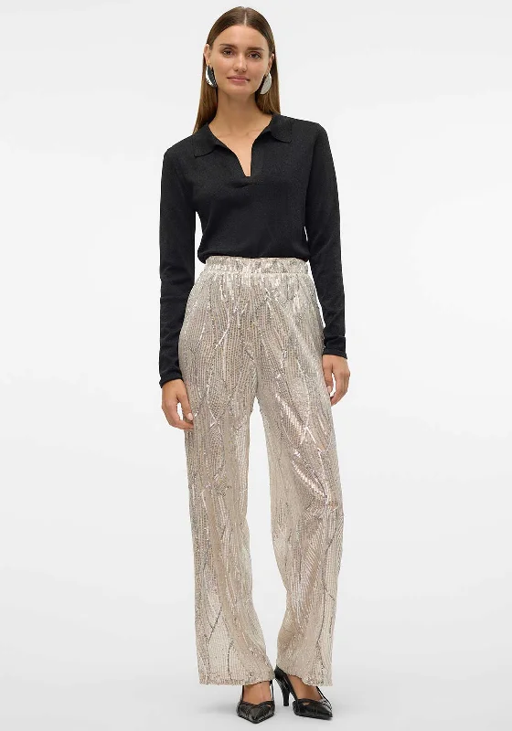 Vero Moda Ellen Sequin Wide Leg Trousers, Champagne Trousers Solid Black