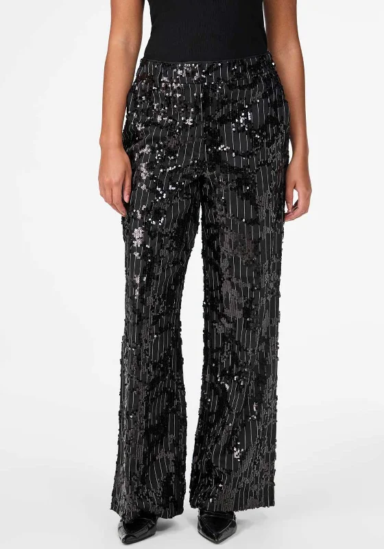 Y.A.S. Striby Pinstripe Sequin Wide Leg Trousers, Black Trousers Silk Elegant