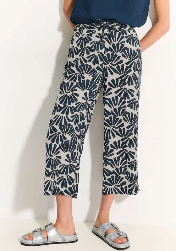 Cecil Printed Wide Leg Cropped Trousers, Dark Petrol Blue Trousers Prom Sequined