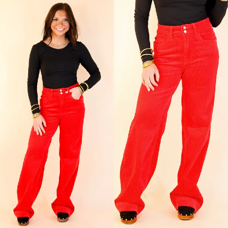 Judy Blue | Strut in Style High Waisted Wide Leg Corduroy Trouser in Ruby Red Trousers Versatile Stylish