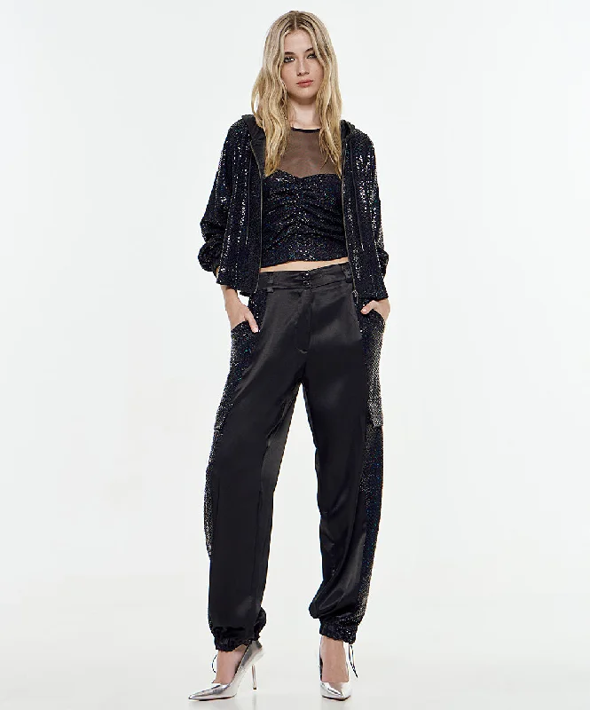 Women's Access Black Cargo Trouser with Sequin Details Trousers Summer Linen