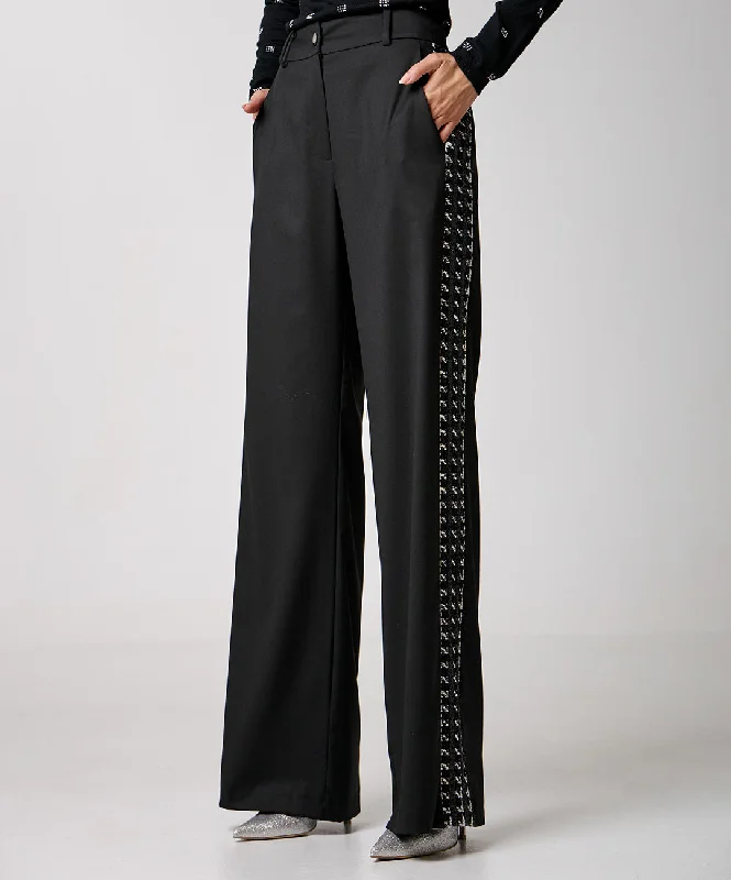 Women's Access Black Trousers with Tweed Side Detail Trousers Elastic Waist Soft